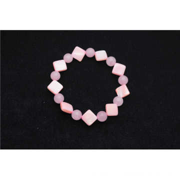 Rose Quartz 8MM Round Beads Stretch Gemstone pulseira com pérola forma quadrada